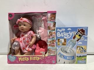 BOX OF CHILDREN'S TOYS TO INCLUDE POP UP BLUEY GAME MINECRAFT METAL FIGZ COLLECTION AND MONSTER HIGH DOLLS