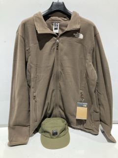 ITEMS TO INCLUDE NORTH FACE BROWN MENS FLEECE JACKET XL , BLACK DKNY WOMEN'S COAT MEDIUM AND A ONSIZE GREEN KORDA CAP