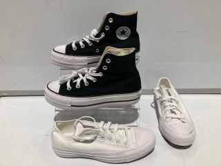 ITEMS TO INCLUDE BLACK CONVERSE ALL STARS HIGH TOP THICK SOLE SIZE 6 WOMENS WHITE CONVERSE ALLSTARS 4.5 SKECHERS MEMORY FOAM KHAKI SIZE 9 AND BIRKENSTOCK BLACK SIZE 8 MENS TRAINERS