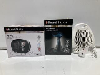 BOX OF HOUSE ELECTRICALS ITEMS TO INCLUDE RUSSELL HOBBS RETRO COMPACT HEATER BLACK ,RUSSELL HOBBS STEAM GENIE STEAM CLEANER AND PHILLIPS MULTIGROOM SERIES 7000