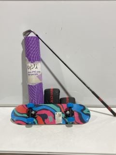 KIDS SKATEBOARD, TO ALSO INCLUDE PURPLE PLAY MAT, RDX BOXING MITTS & SRIXON GOLF CLUB