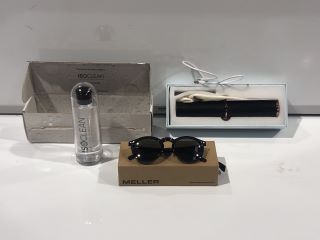 BOX OF ITEMS TO INCLUDE MELLER SUNGLASSES