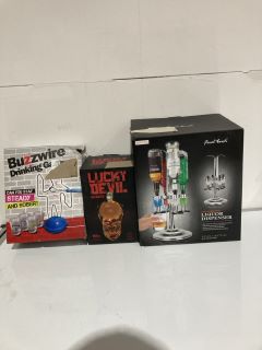 BOX OF ASSORTED ITEMS TO INCLUDE LED ILLUMINATED LIQUOR DISPENSER HOLDS 4 BOTTLES 18+ ID MAY BE REQUIRED