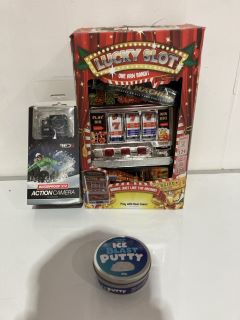 BOX OF ASSORTED ITEMS TO INCLUDE LUCKY SLOT ONE ARM BANDIT 18+ ID MAY BE REQUIRED