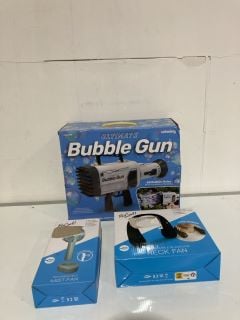 BOX OF ASSORTED ITEMS TO INCLUDE BUBBLE GUN WITH 60 BUBBLE HOLES