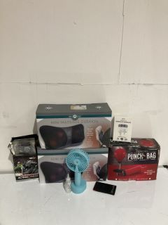 BOX OF ASSORTED ITEMS TO INCLUDE WELL BEING MINI MASSAGE CUSHION