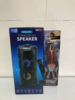 BOX OF ASSORTED ITEMS TO INCLUDE WIRELESS TYPHOON 101 SPEAKER