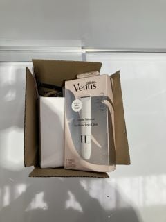 A BOX TO INCLUDE GILLETTE VIENUS PUBIC HAIR AND SKIN TRIMMER