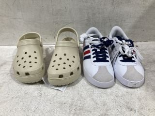 ADIDAS VL COURT 3.0 WHITE/BLUE/RED SIZE 9 AND BEIGE CLASSIC CROCS SIZE 7 RRP £115