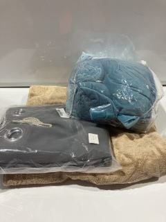 A BOX TO INCLUDE GREY FUR THROW, TOWELS