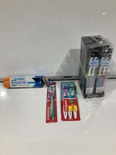 A BOX TO INCLUDE COLGATE TOOTHBRUSHES, SENSODYNE PRONAMEL TOOTHPASTE