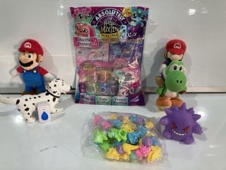 A BOX TO INCLUDE SUPER MARIO PLUSHIES, MAGIC MIXES MAGAZINE