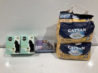 A BOX OF ITEMS TO INCLUDE CATSAN ULTRA PLUS LITTER, STROLLER GATE CHECK BAG