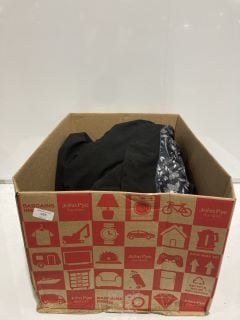 A BOX TO INCLUDE MENS BLACK SUIT JACKET, NAVY BLUE HOODIE