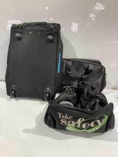 BOX OF ITEMS TO INCLUDE BLUE LUGGAGE SUIT CASE