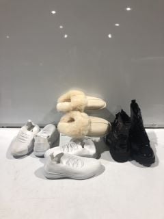 BOX OF SHOES TO INCLUDE FAUX FUR WHITE SLIPPERS