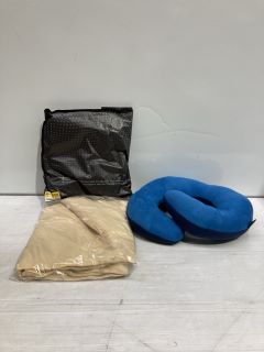 BOX  OF ITEMS TO INCLUDE MULTI-TONED BLUE TRAVEL PILLOW