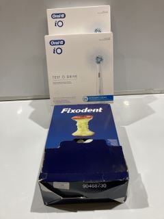 BOX OF FIXODENT TOOTHBRUSHES + 2X ORAL-B IO TOOTHBRUSH HEADS