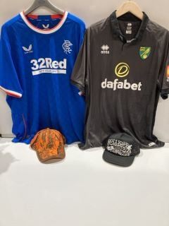 LIVE LIFE FAST TRUCKER HAT - COLLEGEBOYZ + ORANGE COMOUFLAGE BASEBALL HAT + RANGERS HOME SHIRT 23/24 SEASON TOTAL RRP £101