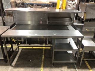 STAINLESS STEEL HOODED KITCHEN WORK SURFACE WITH TWO SHELFS