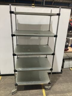 STAINLESS STEEL FOUR WHEELED FIVE HIGH SHELVES UNIT