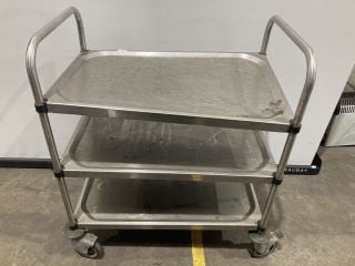 STAINLESS STEEL FOUR WHEELED THREE SHELF SERVING TROLLY