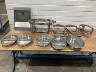 ASSORTMENT OF STAINLESS STEEL FOOD SERVING ITEMS