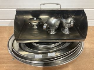 ASSORTED STAINLESS STEEL SERVING TRAYS & STAINLESS STEEL BREAD CONTAINER