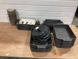 ASSORTMENT OF CAST IRON COOKING DISHES AND CERAMIC POTS