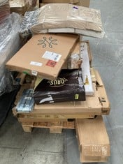 PALLET OF A VARIETY OF FURNITURE OF DIFFERENT SIZES AND MODELS INCLUDING DRAWER UNIT WITH WHEELS (MAY BE BROKEN OR INCOMPLETE).