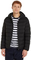 TOMMY HILFIGER MEN'S MID WEIGHT QUILTED JACKET WITH HOOD, BLACK (BLACK), L-LOCATION 7A.