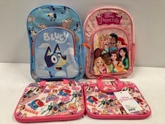 4 X CHILDREN'S BACKPACKS VARIOUS MODELS INCLUDING PRINCESS BACKPACK (BROKEN ZIP ON BLUE BACKPACK) - LOCATION 34B.