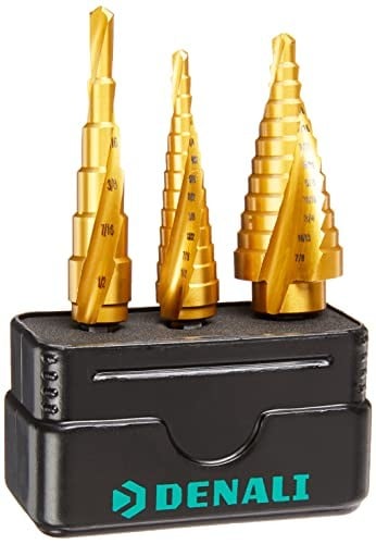 10 X DENALI STAINLESS STEEL STEP DRILL BITS, 3 PIECES, 3-13, 5-13, 5-22 MM, GOLD-PLATED.