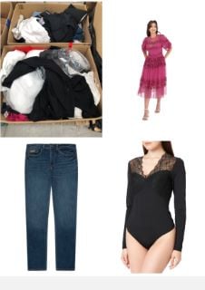 PALLET OF A VARIETY OF CLOTHING IN DIFFERENT SIZES AND STYLES INCLUDING A PINK MAYA DELUXE DRESS SIZE 22.