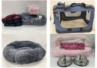 5 X PET SUPPLIES INCLUDING DARK BLUE PET CARRIER FOR SMALL PETS.