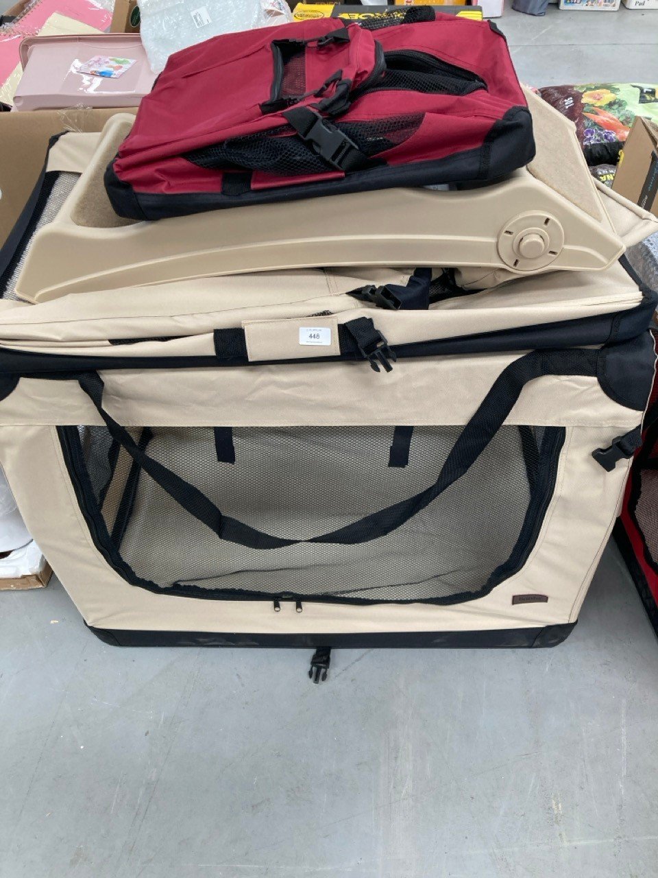 4 X PET SUPPLIES INCLUDING BEIGE DOG CARRIER FOR LARGE DOG .