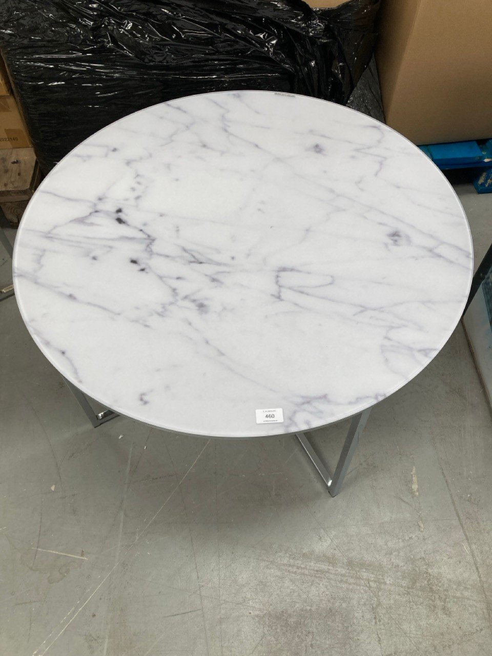 TEMPERED GLASS TABLE WITH MARBLE-COLOURED METAL LEGS.