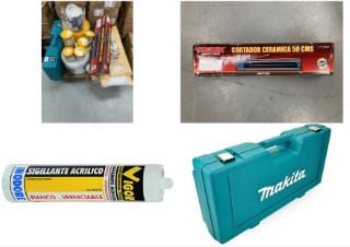 PALLET OF ASSORTED CONSTRUCTION ITEMS INCLUDING PROWIN CERAMIC CUTTER 50CM. (MAKITA BOX EMPTY)