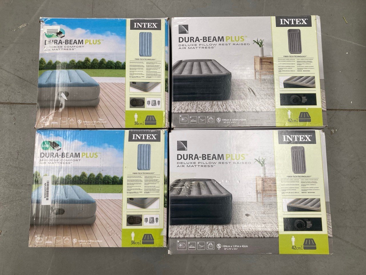 4 X INTEX INFLATABLE MATTRESSES OF DIFFERENT MODELS INCLUDING INTEX DURA-BEAM PLUS DELUXE PILLOW REST RAISED AIR MATTRESS.