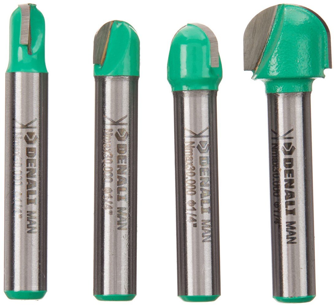 20X DENALI ROUTER BITS SET, SQUARE CENTRE, ROUND TIP, 4 PIECES 1/4" (63 MM).