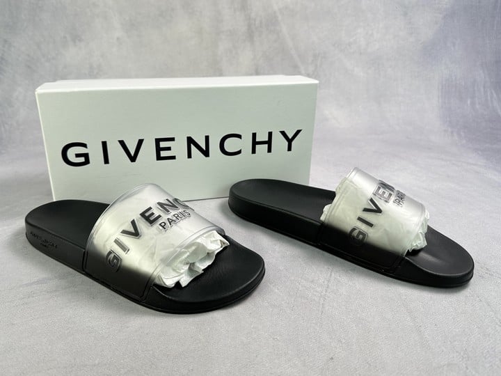 Givenchy Black/Clear Slides With Box & Dust Bags - Size 9 (VAT ONLY PAYABLE ON BUYERS PREMIUM)