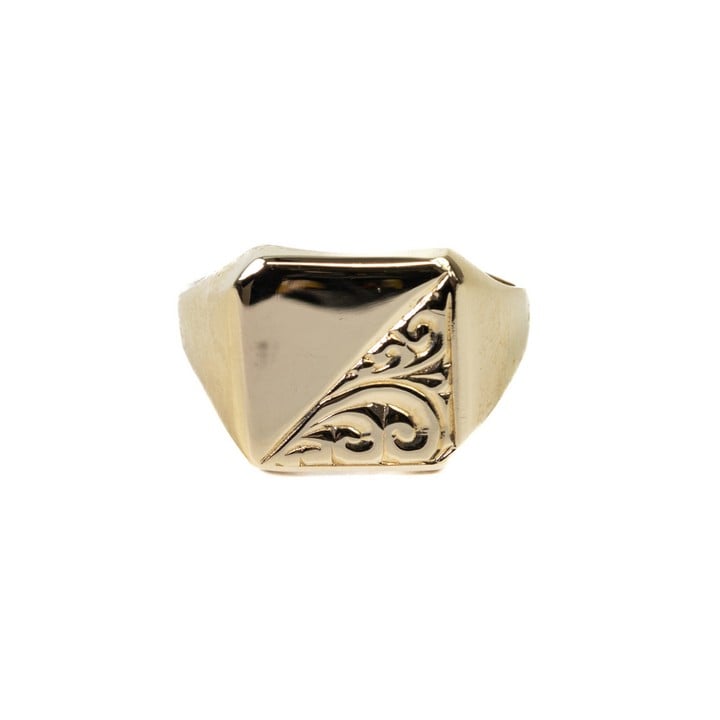 9ct Yellow Gold Patterned Signet Ring, Size T½, 7.2g.  Auction Guide: £250-£350