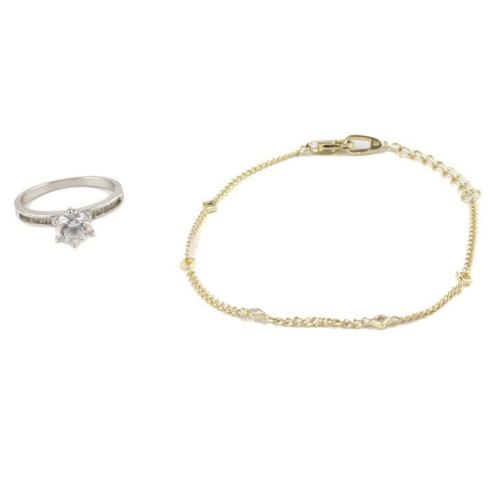 Silver Gold Plated Clear Stones Adjustable Bracelet (Two Stones Missing), 18cm, 1.7g. Silver Clear Single Stone with Clear Stone Pavé Shoulders Ring, Size N, 2.6g (VAT Only Payable on Buyers Premium)