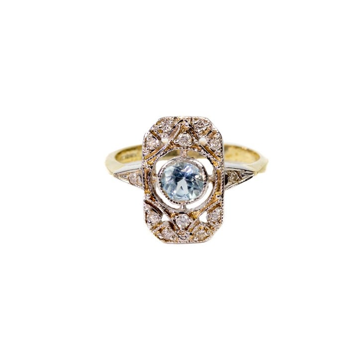 9ct Yellow and White Gold Blue Topaz with Diamond Filigree Surround and Shoulders Ring, Size N½, 3.1g.  Auction Guide: £200-£300