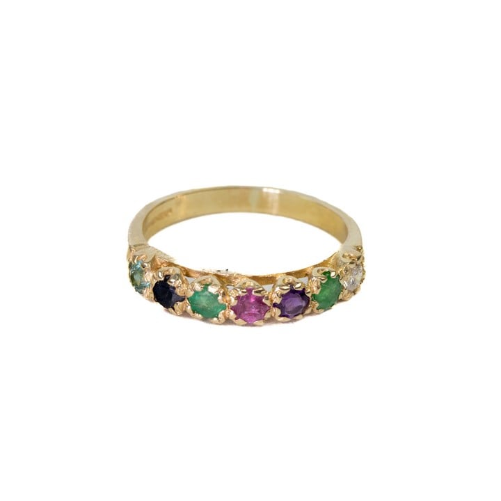 9ct Yellow Gold Diamond, Emerald, Amethyst, Ruby, Sapphire and Topaz DEAREST Band Ring, Size N½, 2.4g.  Auction Guide: £200-£300