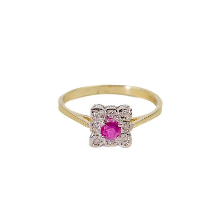 9ct Yellow Gold Ruby with Diamond Halo Ring, Size N½, 2g.  Auction Guide: £200-£300