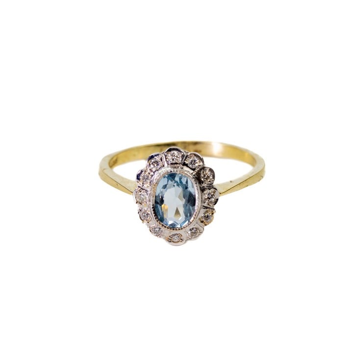 9ct Yellow and White Gold Blue Topaz with Diamond Pavé Halo Ring, Size O, 2.3g.  Auction Guide: £200-£300