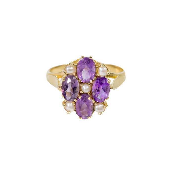 9ct Yellow Gold Amethyst Four Stone and Pearls Ring, Size N½, 2.7g.  Auction Guide: £150-£200