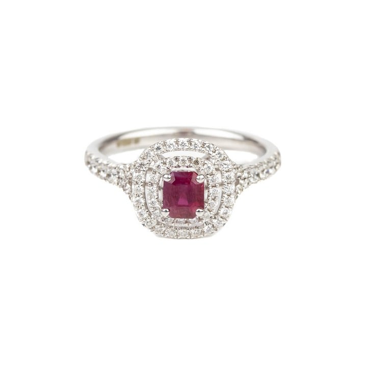 18ct White Gold 0.61ct Ruby with 0.36ct Diamond Halo and Shoulders Ring, Size M½, 3.4g.  Auction Guide: £150-£200 (VAT Only Payable on Buyers Premium)