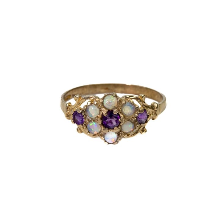 9ct Yellow Gold Amethyst and Opal Floral Ring, Size N½, 1.8g